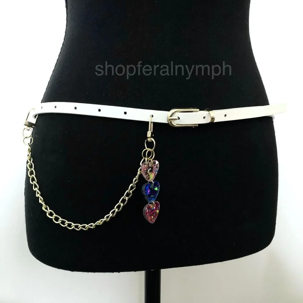 White Y2K Glitter Heart Charm Coquette Chain Belt, Fits 33-35 Inches, X7GA1240